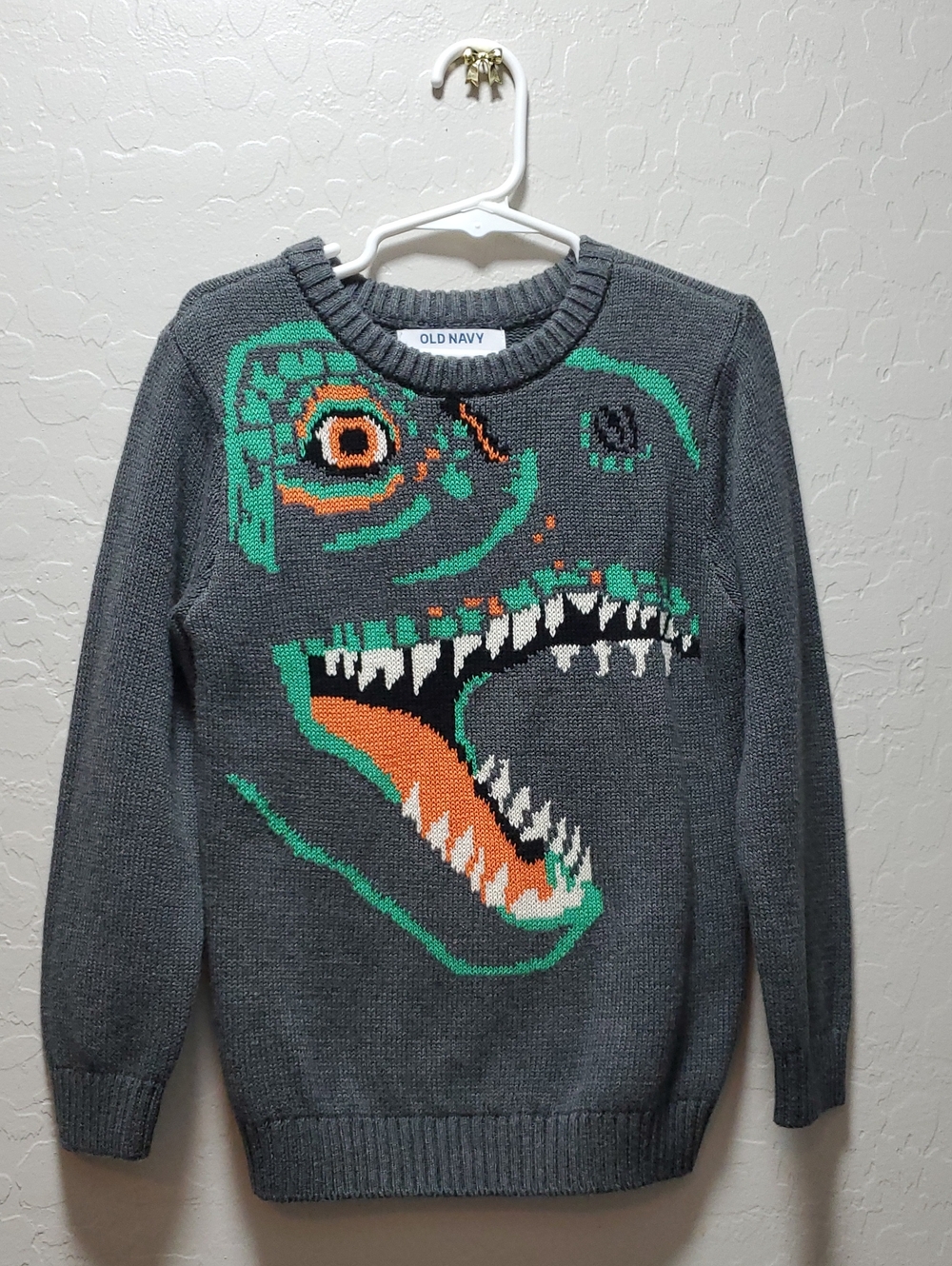 Old Navy Gray Crewneck Sweater with Green and Orange Dinosaur Graphic